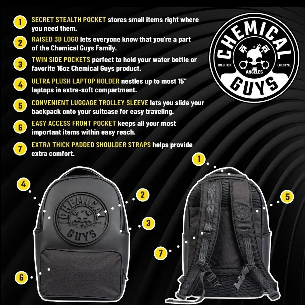 CHEMICAL GUYS BLACK LEGACY STEALTH MULTIPURPOSE BACKPACK travel school work